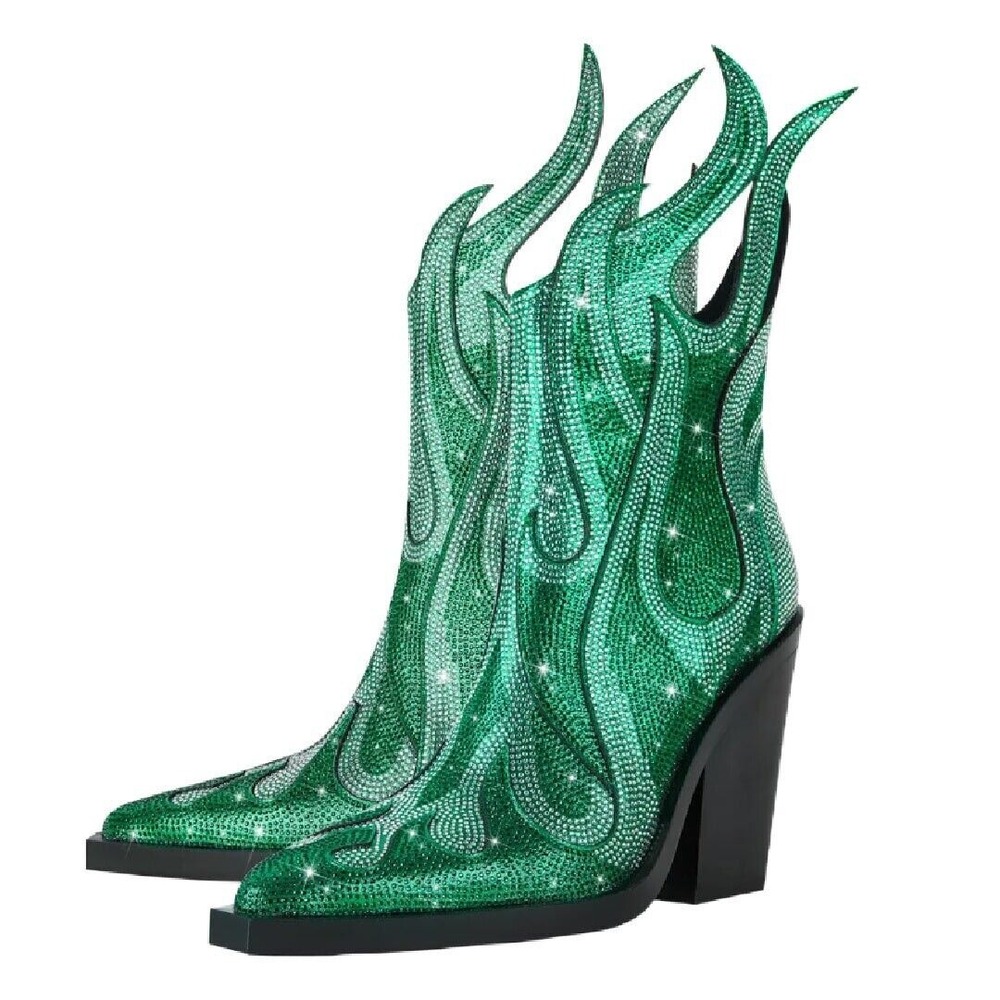 Emerald Crystal Flame Heeled Boots